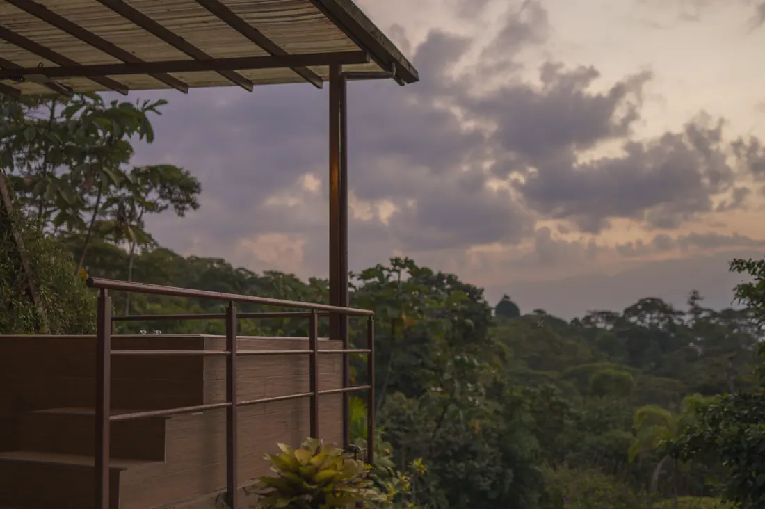 The lodge terrace at dusk, looking out over the forest ridge