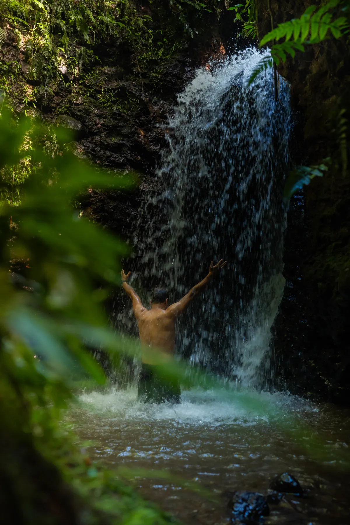 A man standing waist-deep in a forest pool with his arms open under a waterfall, framed by ferns